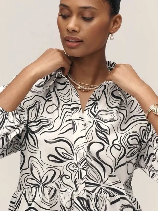 NWT Anthropologie Maeve The Bettina Tiered Mini Shirt Dress Black & White Size L - Picture 2 of 6